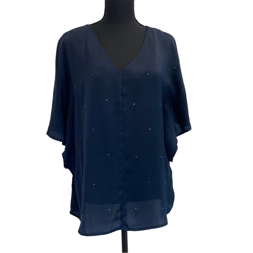 FRED David navy blue rhinestone embellished blouse Sz L